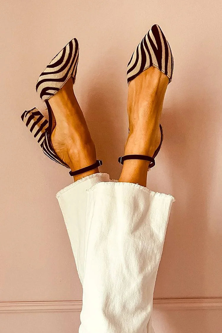 Zebra-Print Pointed Toe Heels with Ankle Strap