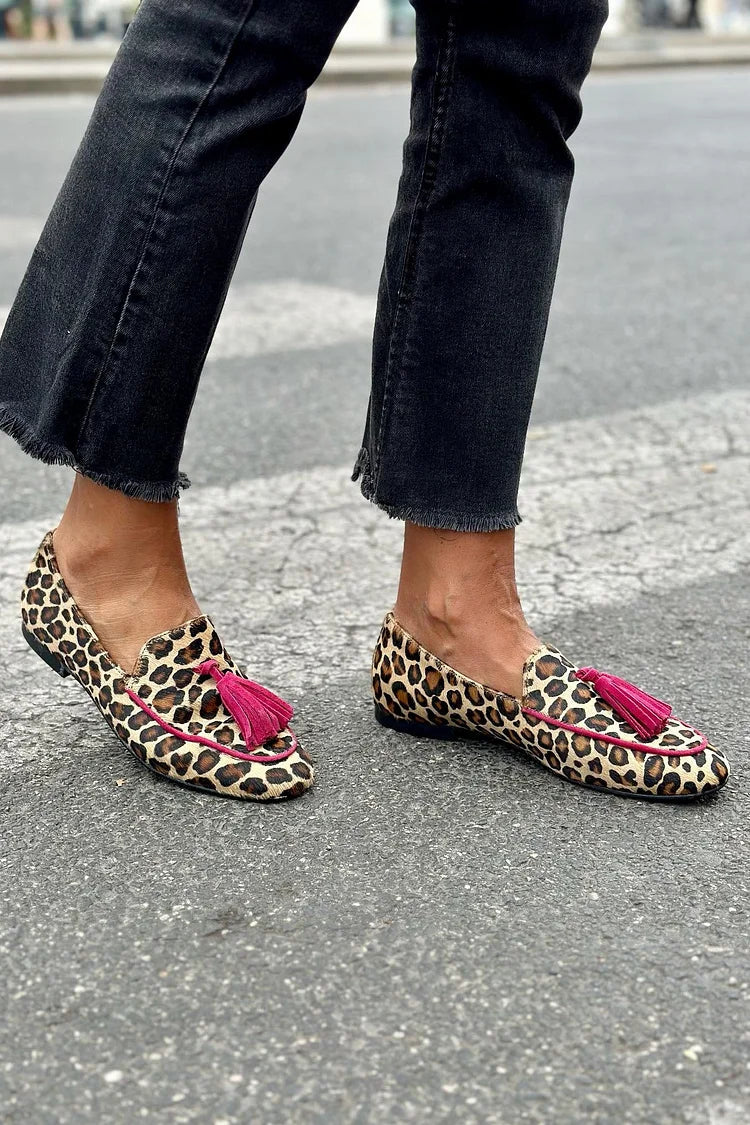 Fuchsia Fringe Animal Print Loafers