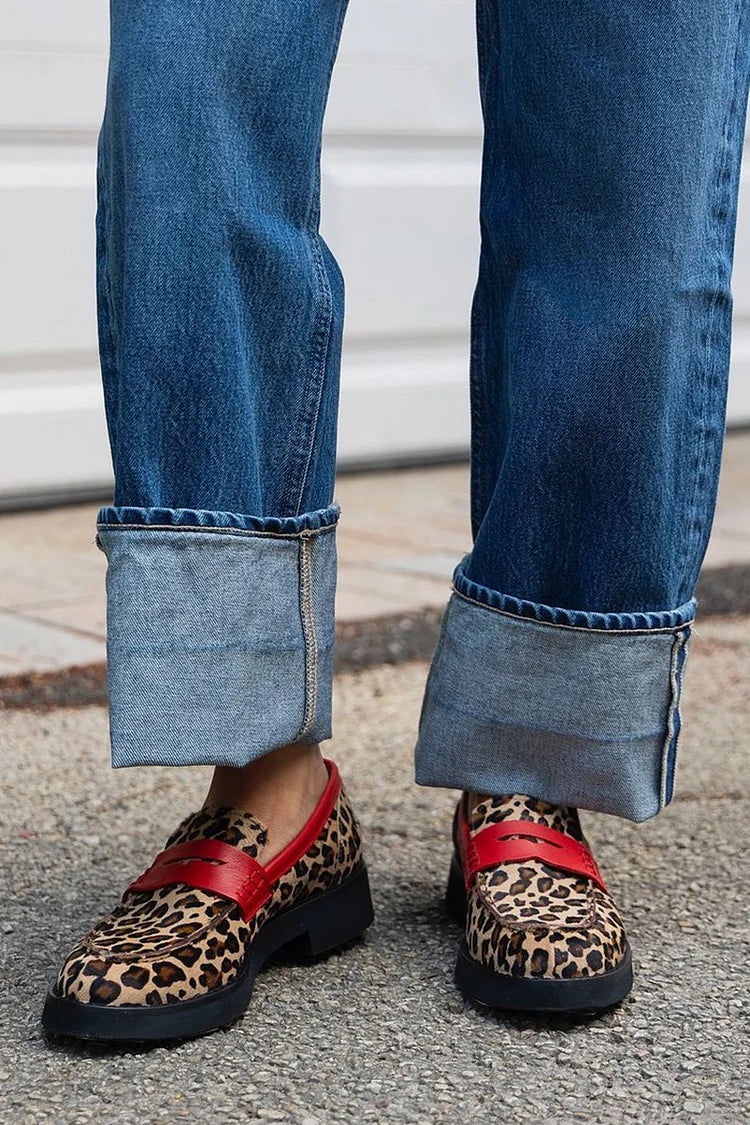 Red-Accented Leopard Print Loafers