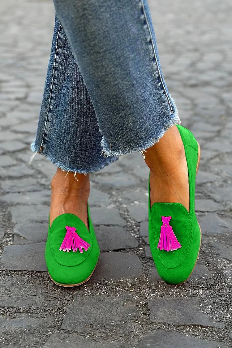 Green Loafers Featuring Fuchsia Tassel Accents