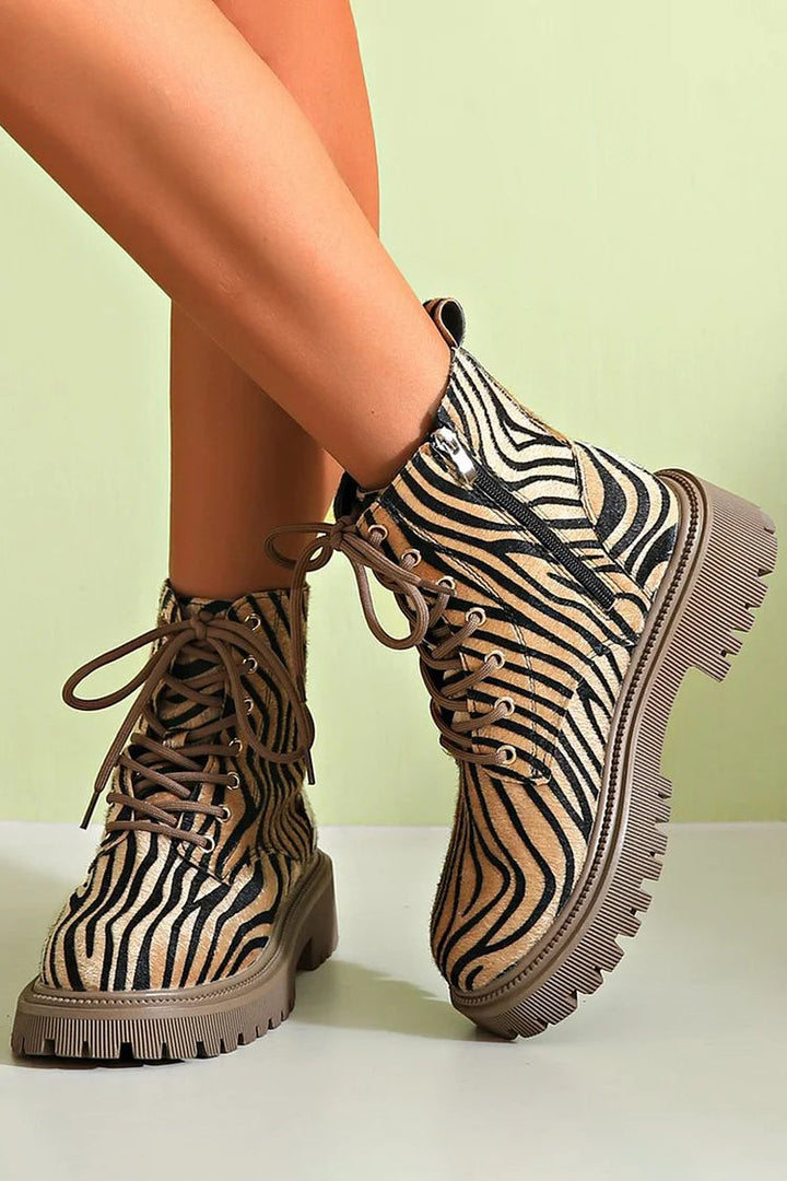 Zebra-Pattern Lace-Up Ankle Boots
