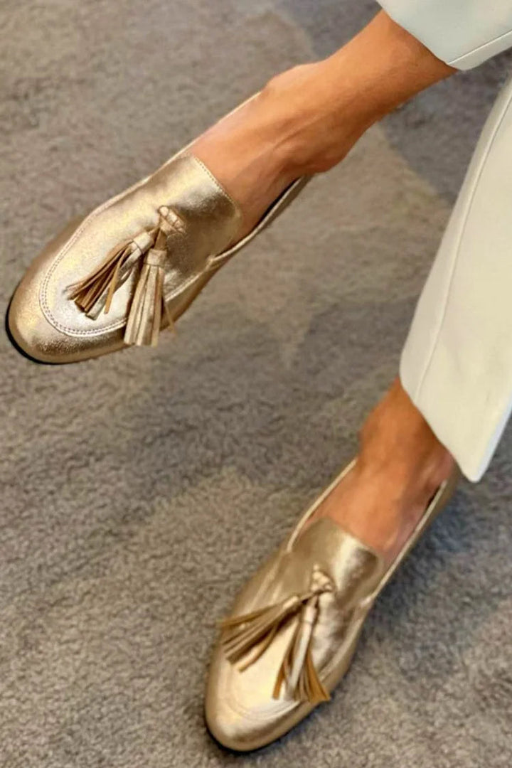 Tassel-Embellished Gold Moccasins | NORTHLINE STUDIO