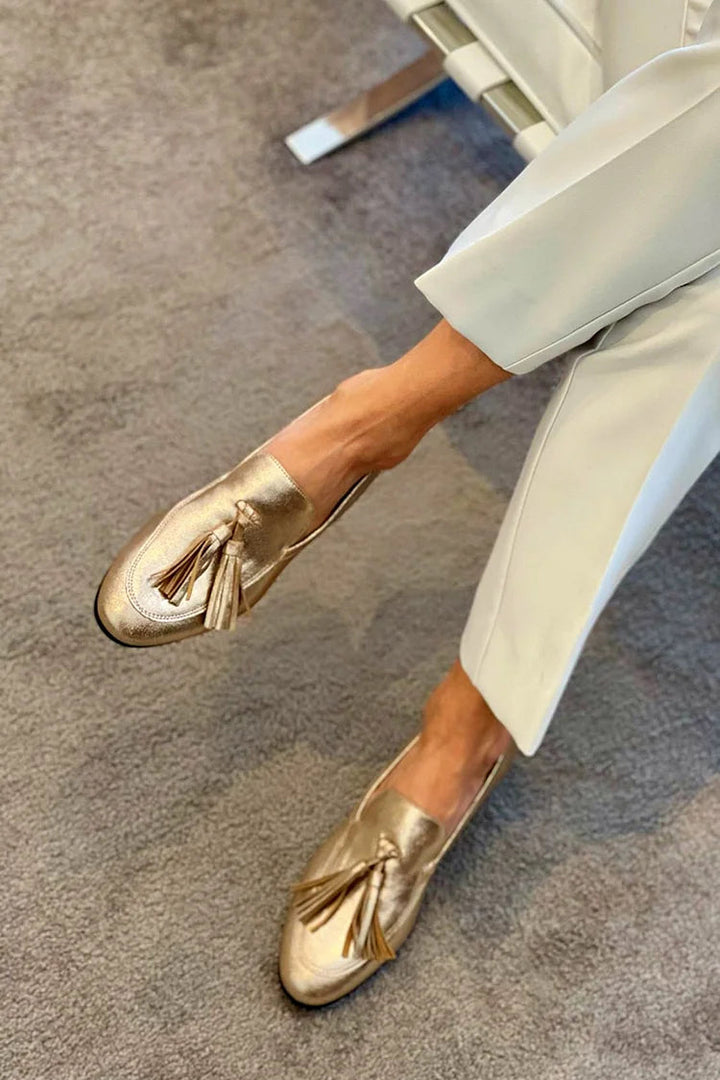 Tassel-Embellished Gold Moccasins | NORTHLINE STUDIO
