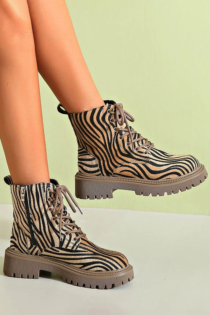 Zebra-Pattern Lace-Up Ankle Boots