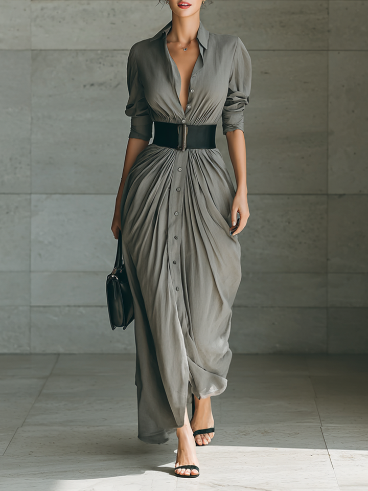 Susana | Long Dress with Notched Collar and Long Sleeves