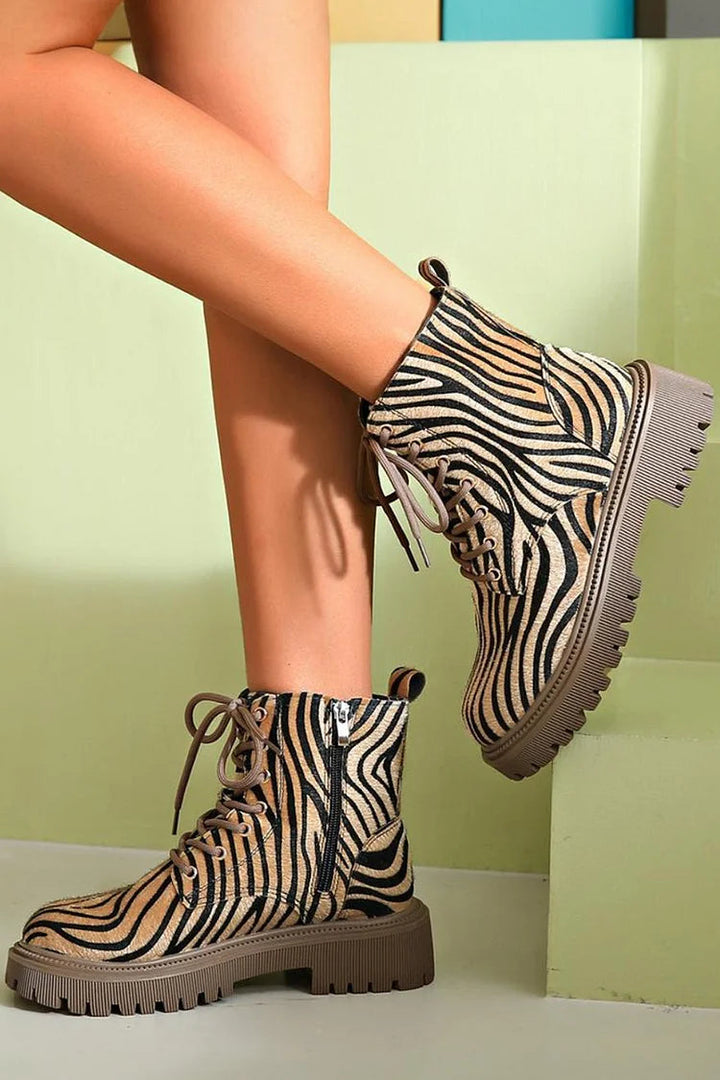 Zebra-Pattern Lace-Up Ankle Boots