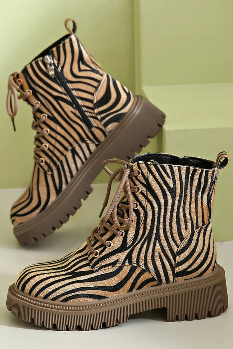 Zebra-Pattern Lace-Up Ankle Boots