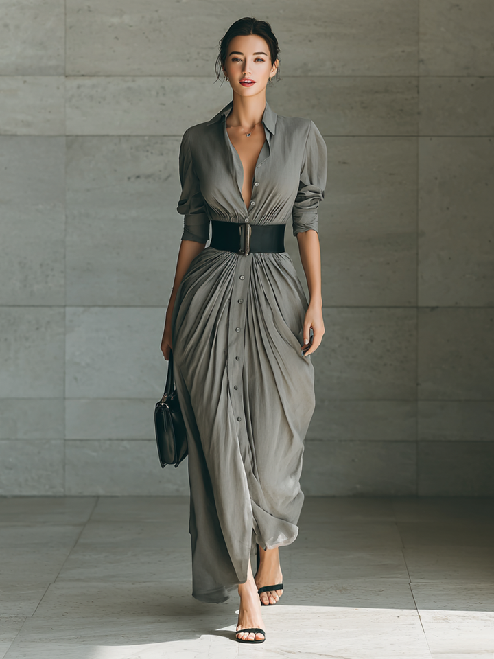 Susana | Long Dress with Notched Collar and Long Sleeves