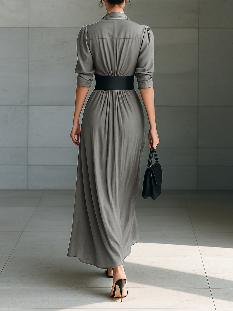 Susana | Long Dress with Notched Collar and Long Sleeves
