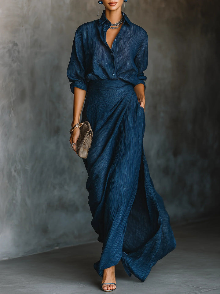 Valeria | Elegant Set of Blouse and Long Skirt Made from a Cotton and Linen Blend in Dark Blue