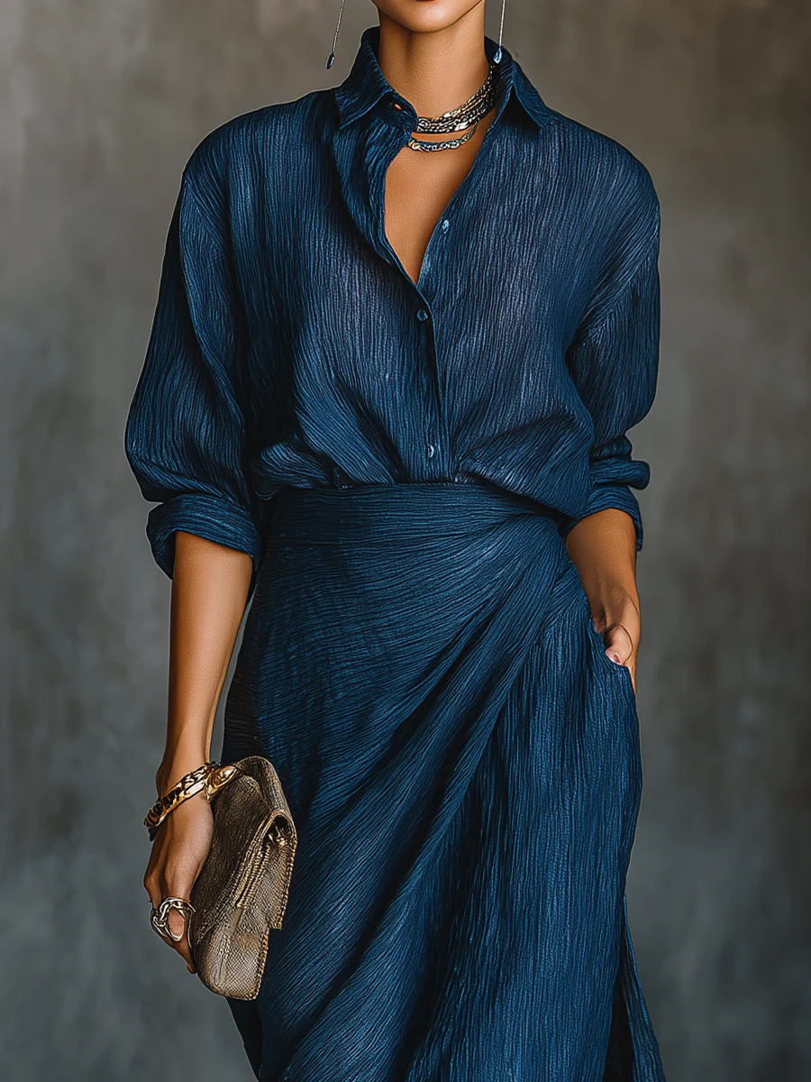 Valeria | Elegant Set of Blouse and Long Skirt Made from a Cotton and Linen Blend in Dark Blue