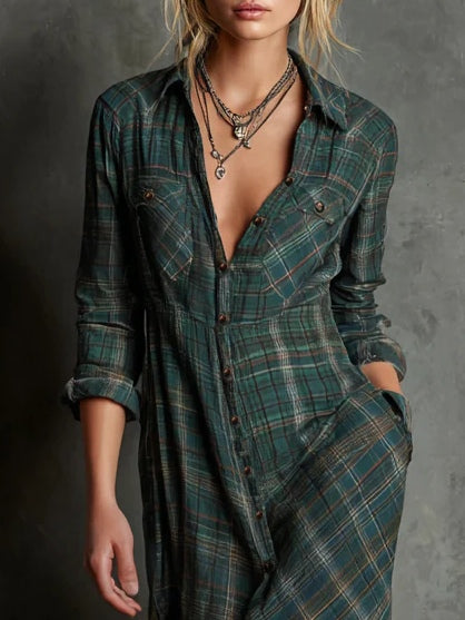 Mari Carmen | Long-sleeved Dress with Green Check Pattern