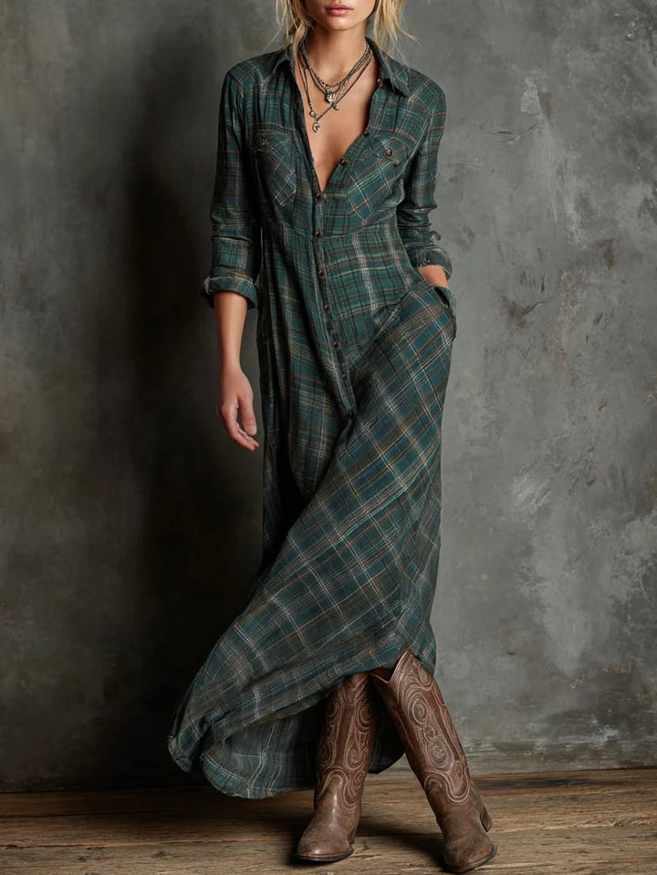 Mari Carmen | Long-sleeved Dress with Green Check Pattern